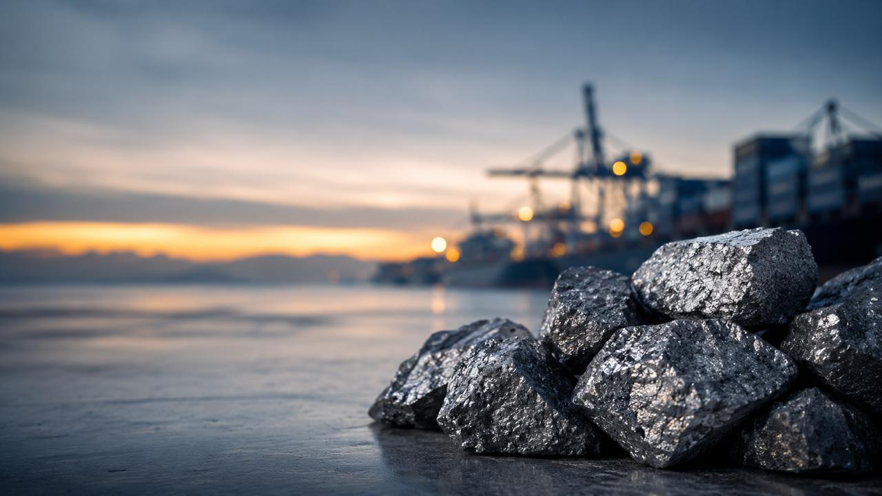 Ferrosilicon lump material at a container shipping port at dusk